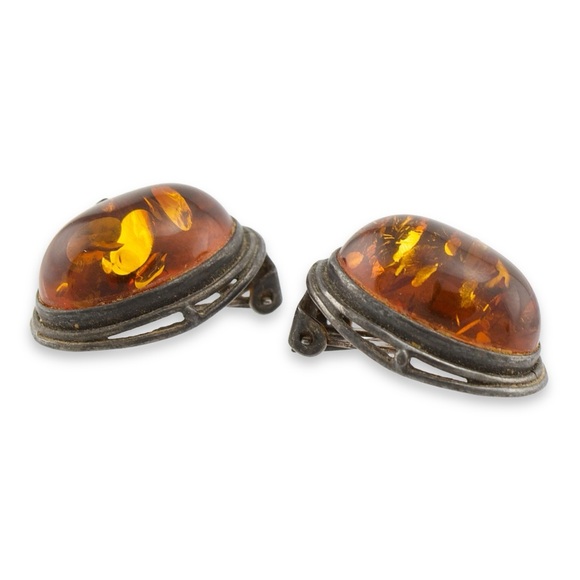 Vintage Baltic Amber Sterling Silver Clip On Earrings Leaf Design - Picture 4 of 8